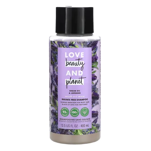 Безсульфатный шампунь для вьющихся волос Love Beauty and Planet Smooth and Serene с маслом арганы и лаванды 400 мл