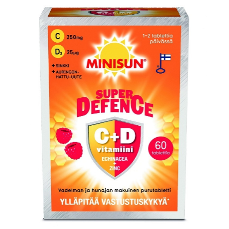 Витамины Minisun Super Defence C + D в таблетках со вкусом малины и мёда 60 шт.