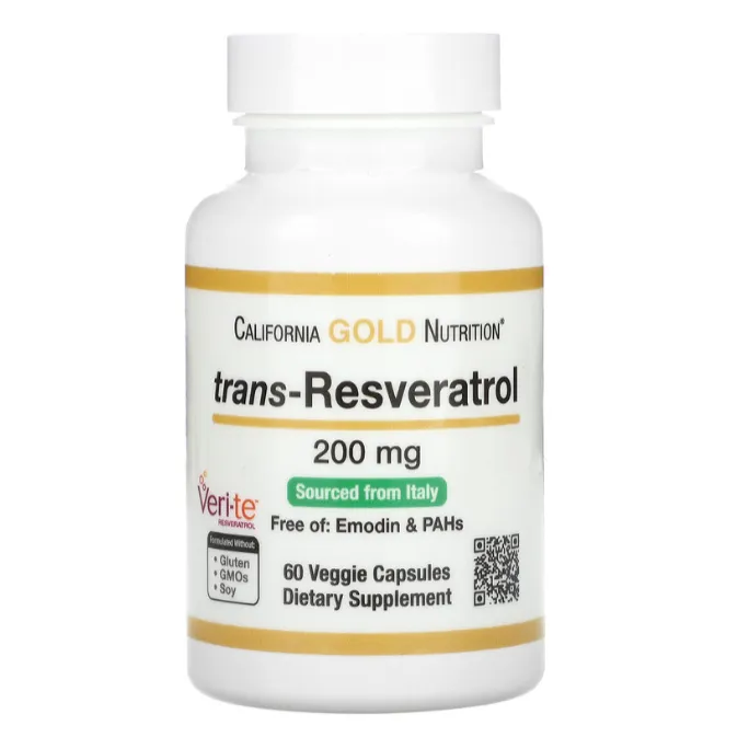 Транс-ресвератрол California Gold Nutrition 200 мг для поддержания здоровья сердечно-сосудистой системы в капсулах 60 шт.