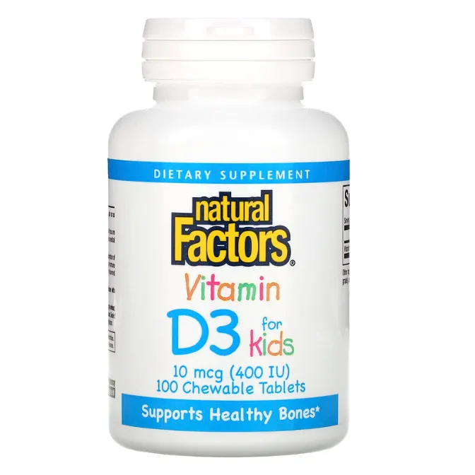 Витамин D3 Natural Factors 10 мкг (400 ме) с клубничным вкусом в таблетках 100 шт.