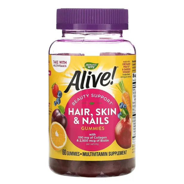 Мультивитамины Alive Nature’s Way с коллагеном и биотином со вкусом клубники в таблетках 60 шт.