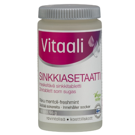 Vitaali sinkkiasetaatti (Ацетат цинка) в таблетках со вкусом ментола и мяты 60 шт.