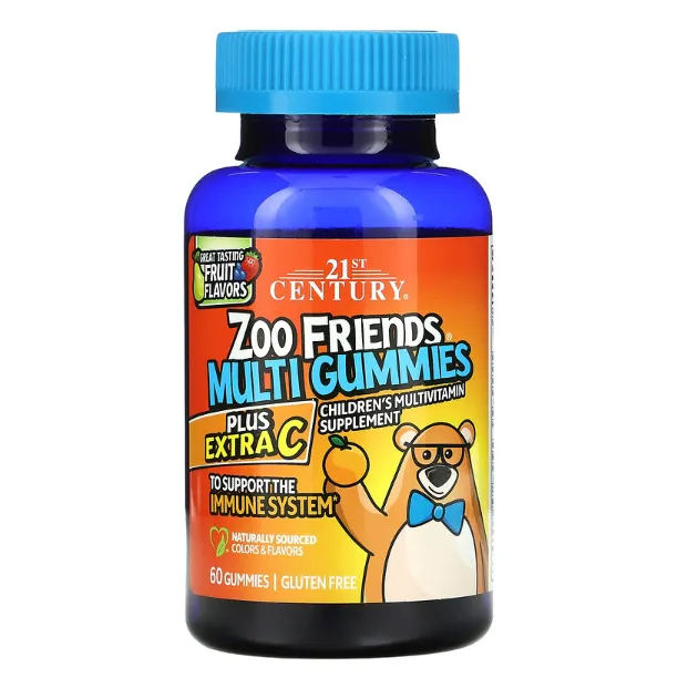 Мультивитамины для детей Zoo Friends с дополнительным витамином С 21st Century с фруктовым вкусом 60 шт.