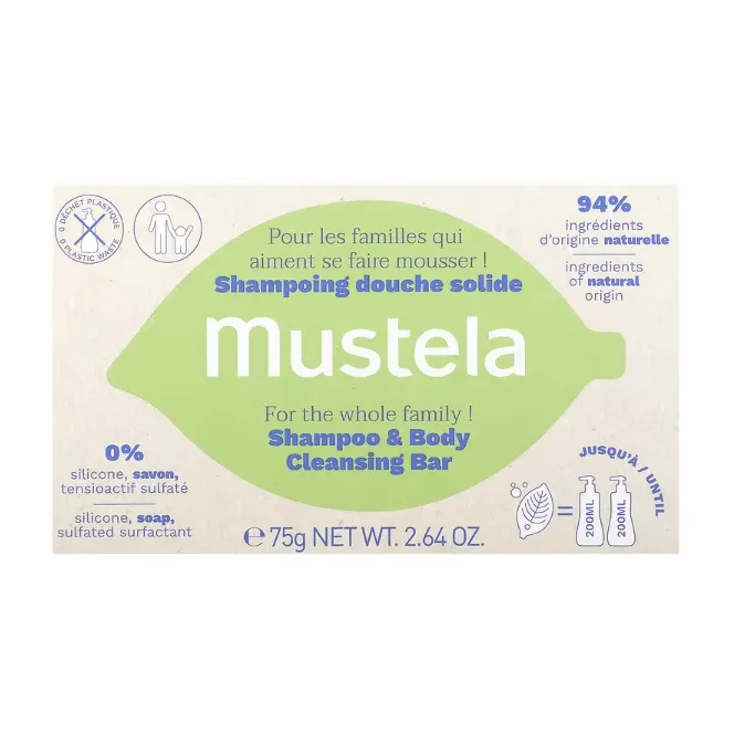 Детский твердый шампунь - гель  Mustela без отдушек 75 г